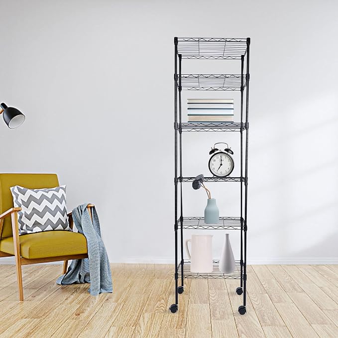 Simple Deluxe 6-Tier Storage Shelves, 17.32" W x 11.42" D x 64.96" H Adjustable Shelving Unit with Wheels and Hanging Hooks, Black