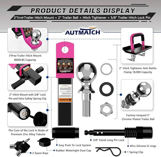 AUTMATCH Trailer Hitch Ball Mount with 2 Inch Hitch Ball - Fits 2" Receiver with Hitch Tightener, 8000Lbs Capacity Ball Hitch, 2-Inch Drop with 5/8" Hitch Lock Pin, Pink & Black