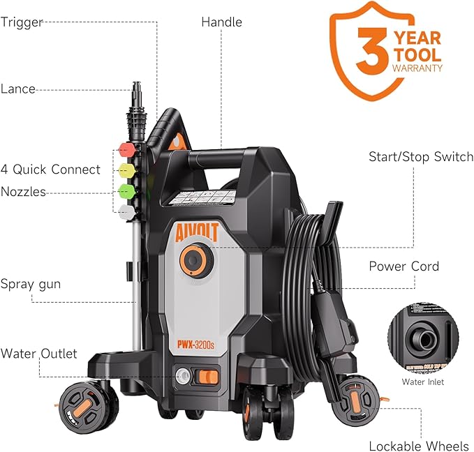 AIVOLT Pressure Washer, Power Washer with 4 Quick Connect Nozzles, High Pressure Cleaning Machine with Foam Cannon for Cars/Fences/Driveways/Patios/Home Cleaning