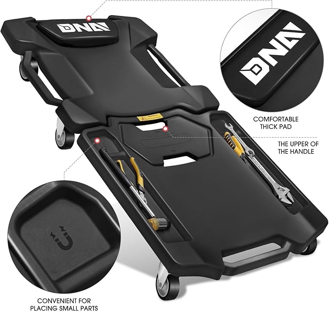 DNA Motoring 41inch Low Profile Plastic Rolling Garage Shop Creeper with Padded Headrest, Tool Trays & 6pcs Casters, Foldable Creeper, TOOLS-00637-BK