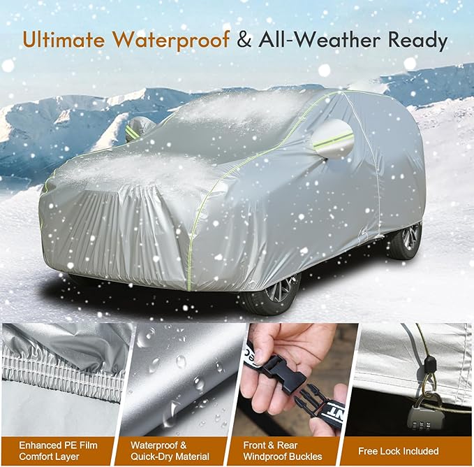 Tecoom SUV Car Cover Waterproof All Weather, Outdoor & Indoor Full Exterior Windproof UV Sun Rain Snow Hail Protection Covers with Zipper Door & Lock, Fit for SUV 206-215 Inches