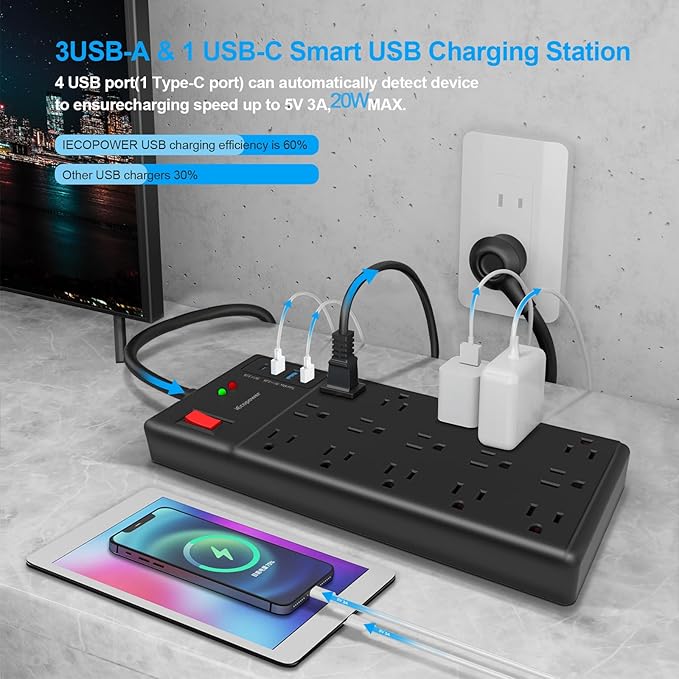 Surge Protector Power Strip-15 Widely Spaced Outlets and 4 USB Ports(1 USB C Port),14 AWG Extension Cord,1875W/15A Heavy Duty Power Strip Surge Protector 5 ft Cord,2800J,Black