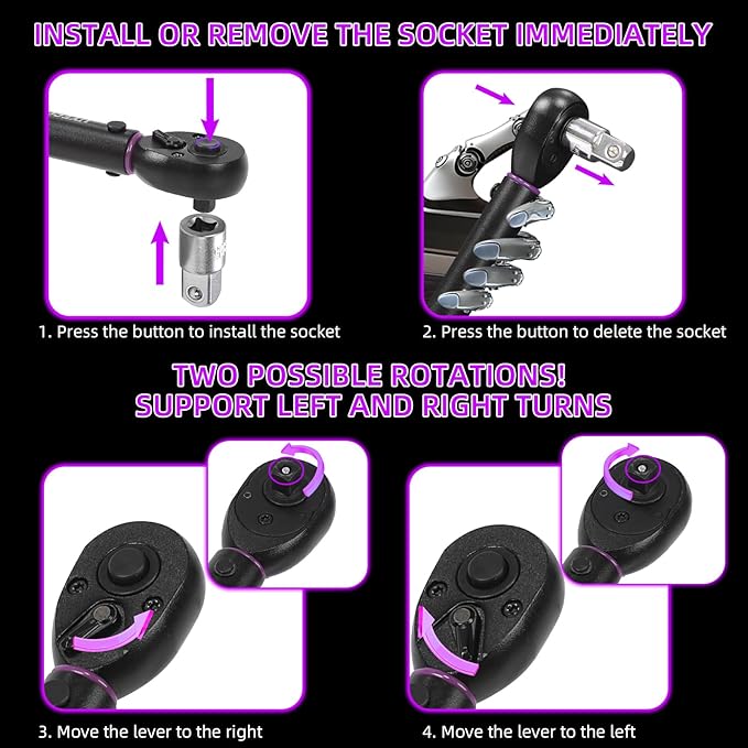1/4" Inch Drive Click Torque Wrench 20-240 FT-LB/2.3-27.1N.M, ±3% Accuracy, Dual-Direction Click Professional Torque Wrench, Dual Range Scales Graduated in FT.LB and N.M, Purple