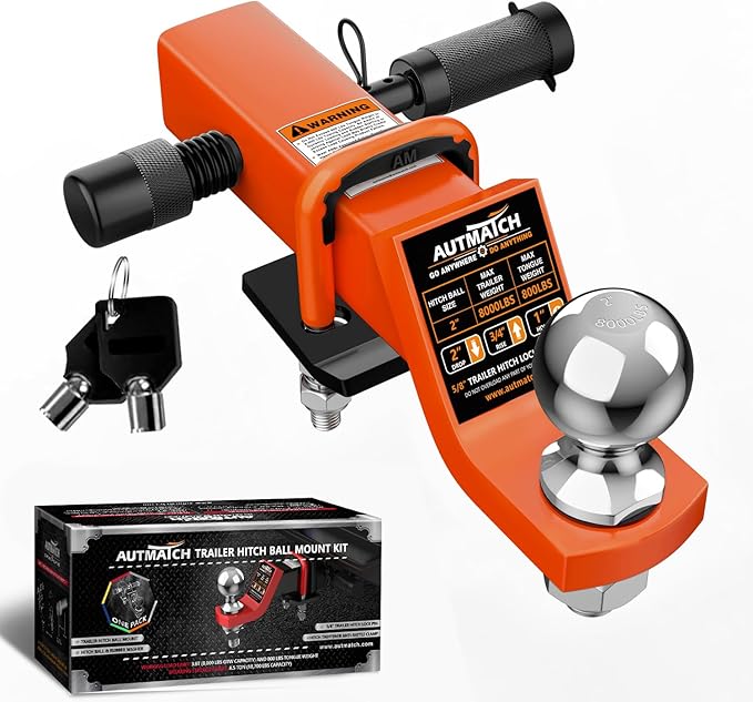 AUTMATCH Trailer Hitch Ball Mount with 2 Inch Hitch Ball - Fits 2" Receiver with Hitch Tightener, 8000Lbs Capacity Ball Hitch, 4-Inch Drop with 5/8" Hitch Lock Pin, Orange