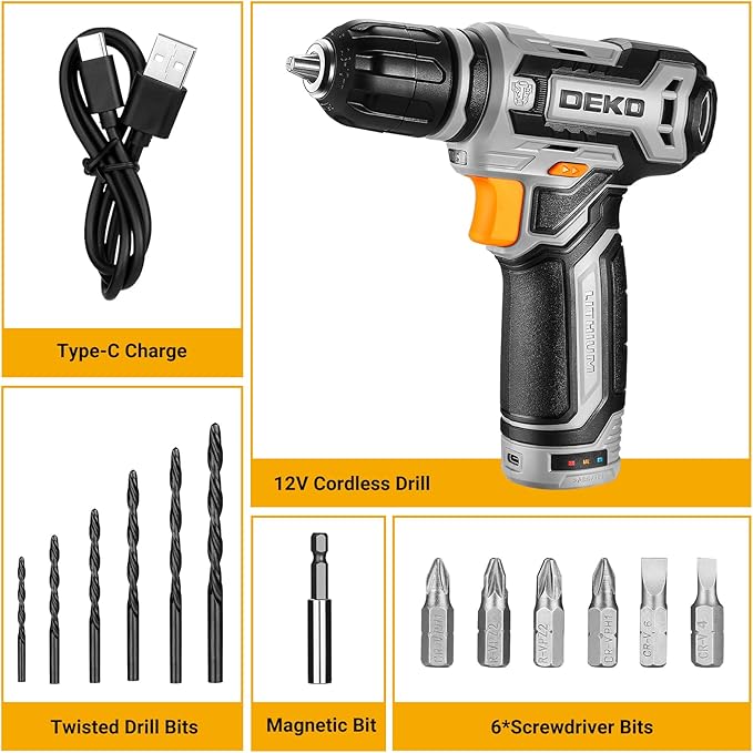 Cordless Drill: DEKO PRO 12V Power Battery Drill Set with Small Electric Drills and 3/8-inch Keyless Chuck with Portable Tool Set Gift Box