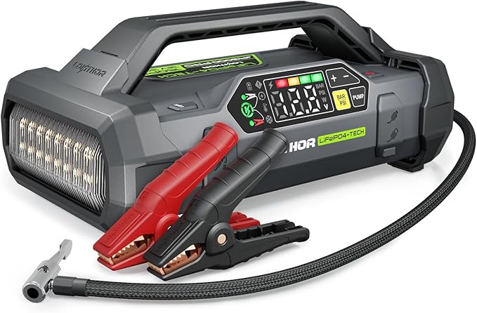 LOKITHOR LIFEPO4 Series JA3000 PRO Jump Starter with Air Compressor, 3000 Amp 12 Volt Battery Pack, Portable Jump Box and Jumper Cables for 9.0L Gas and 7.0L Diesel Engines, 2000 Cycle Life