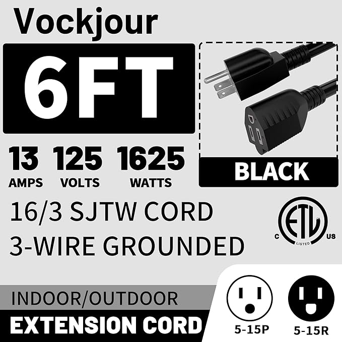 16/3 Black Indoor Outdoor Extension Cord 6 Ft Waterproof, Extension Cord with 3 Prong Grounded Plug,13A 1625W 16AWG SJTW, Flexible Weatherproof Power Cable