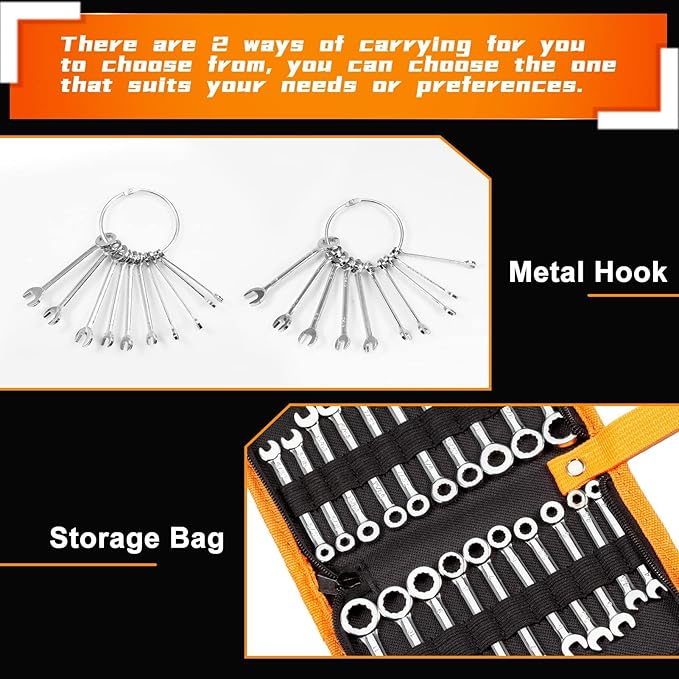 Mini Wrench Set Metric and SAE 20 Pcs Ignition Wrenches 4-11mm & 5/32" to 7/16" Open End Box End Wrench Set with Key Ring, Combination Wrench Sets with Zipper Bag