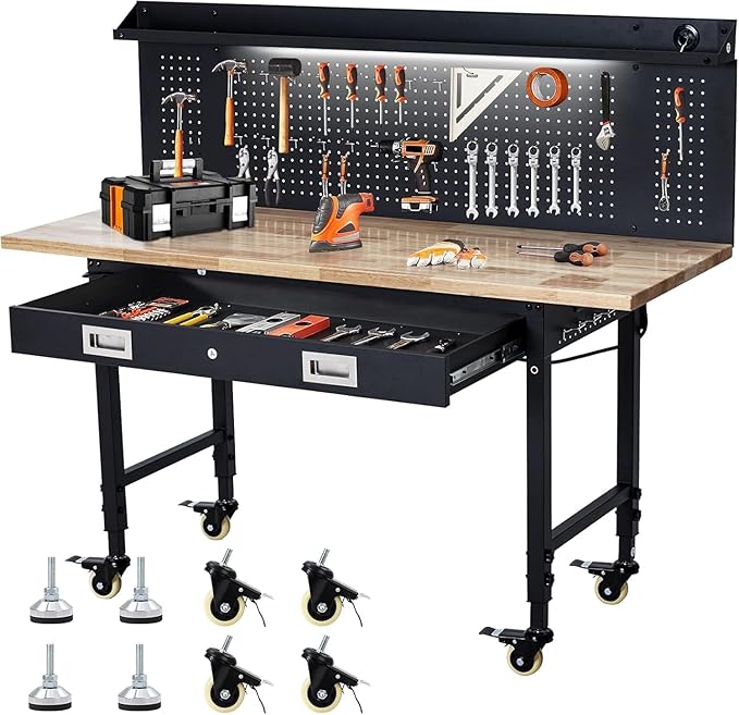 Workbench 60" x 22" Adjustable Height Worktable, Heavy Duty Rubber Wood Top, 2000 LBS Load Capacity, Tool Storage Workstation with Drawer, Pegboard, Power Outlets & Lockable Wheels