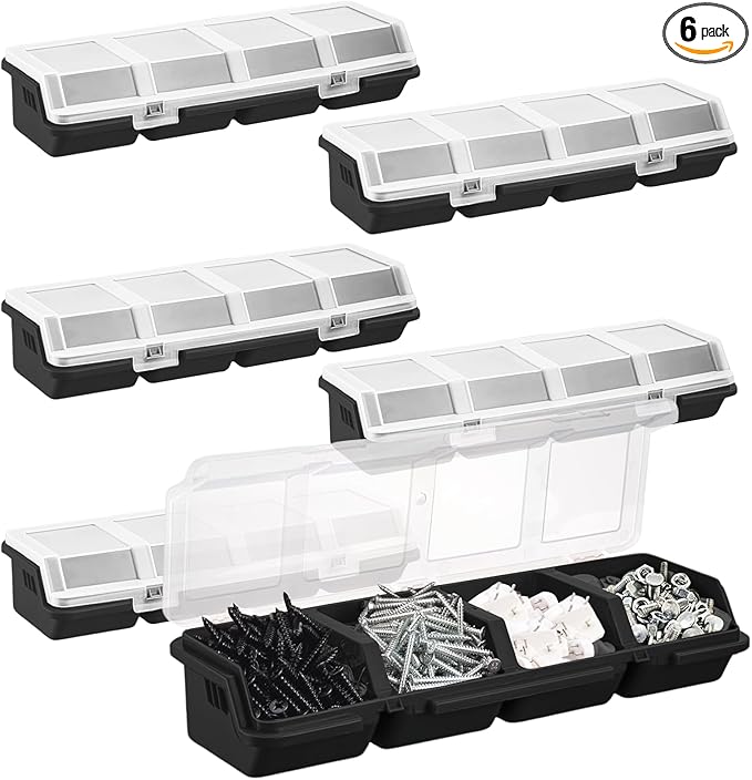 YEXEXINM 6Pcs Screw Organizers Storage Bins with Lids, Plastic Stackable Hardware Organizer Box for Garage Nails Craft Tool Organizing, Tool Cart Cabinet Workbench Drawers (Black)