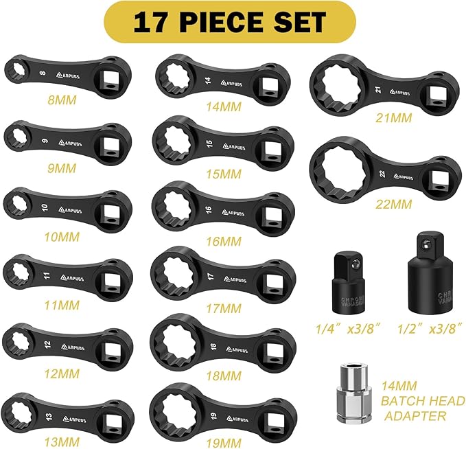 Metric Torque Adapter Set, 17 pcs Torque Adapter Extension Set, 12 Point 3/8" Torque Wrench Adapter with 8, 9, 10, 11, 12, 13, 14, 15, 16, 17, 18, 19, 20, 21, 22mm, 1/2''+1/4'' + Bit Adapter