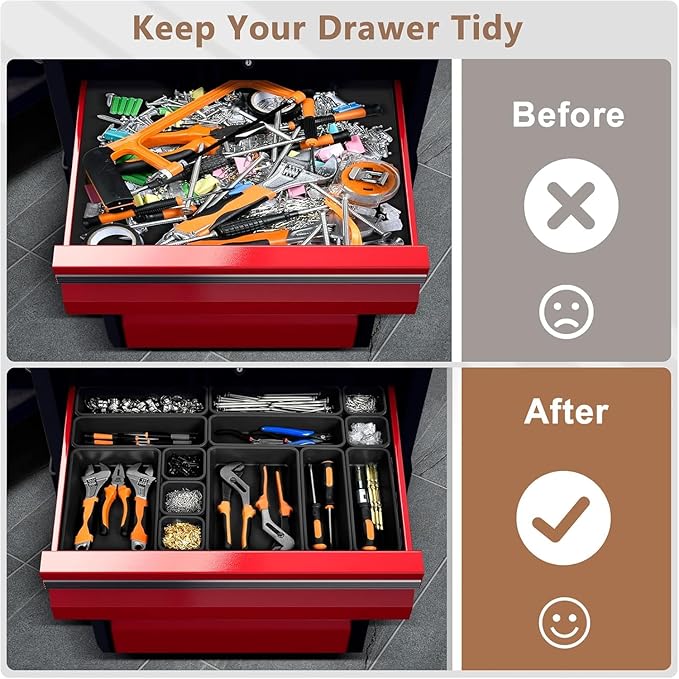 A-LuGei【𝟲 𝗦𝗜𝗭𝗘 & 100PCS Tool Box Organizer Tray Set【Fits 100+ Tools】 Black Plastic Drawer Divider Desk Drawer Organizer Garage Organization for Rolling Tool Chest Cart Workbench Office Storage