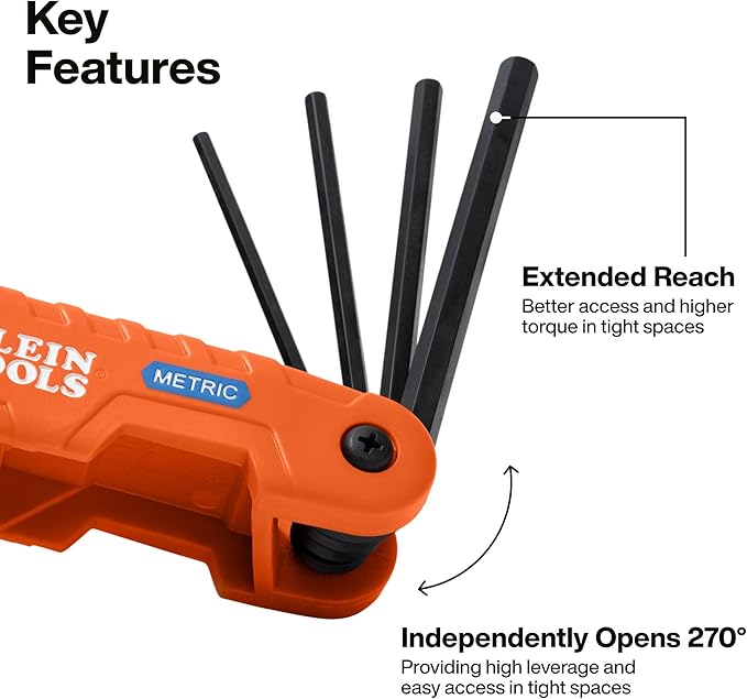 Klein Tools 70550M Pro Folding Hex Key Set, 10-Key Metric Sizes 1.5mm to 12mm, Industrial Strength Heat Treated Alloy Steel