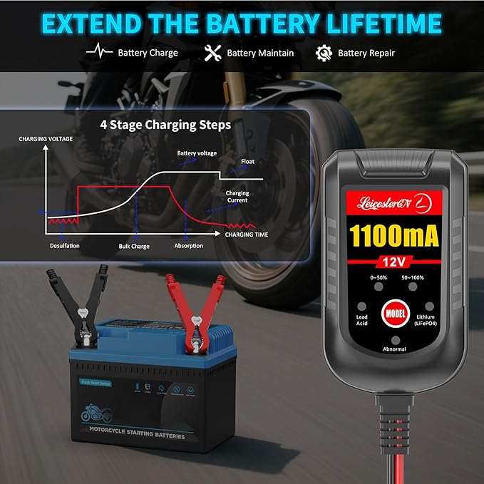 Motorcycle Battery Charger and Maintainer 12V, 1.1Amp Smart Trickle Charger - Automatic Float Charger for Cruiser Sport Bike ATV Scooter Dirt Bike Lawn Mower, LiFePO4 Lithium Lead Acid AGM Gel