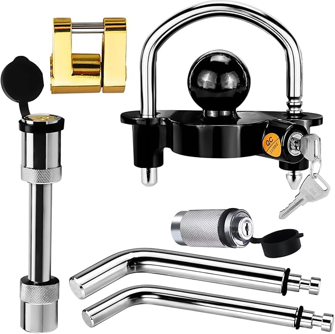 Funmit Trailer Hitch Security Lock Set Including Black U-Shaped Universal Ball Hitch Lock #72783, 1/2" and 5/8" Receiver Hitch Pin Lock, Trailer Hitch Lock Coupler Locking Pin, Share The Same 2 Keys