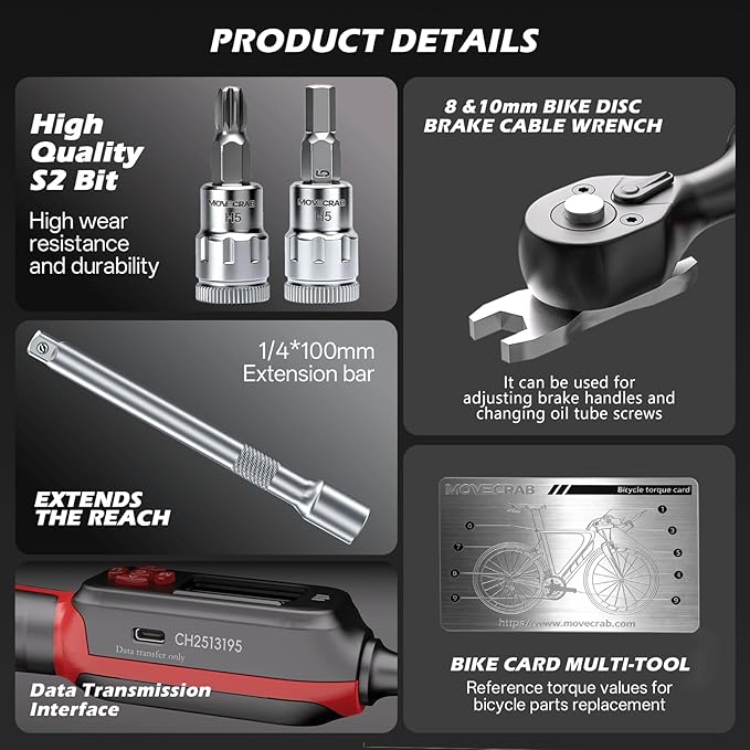 Bike Digital Torque Wrench 1/4" Drive 15-Piece Kit | 1.5-30 N.m / 1-22 Ft.lb Torque Range for MTB & Cycling Maintenance