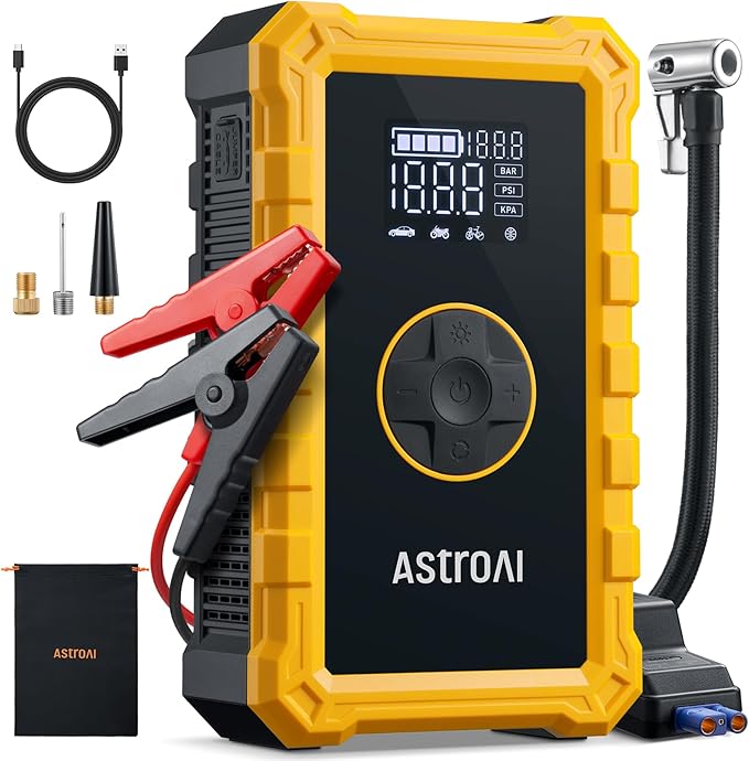 AstroAI S8 Air Jump Starter with Air Compressor,3000A Peak Car Battery Jump Starter Portable (9.0 Gas/6.5L Diesel) with 150PSI Cordless Auto-Shutoff Tire Inflator, 12V Battery Charger Booster(Yellow)