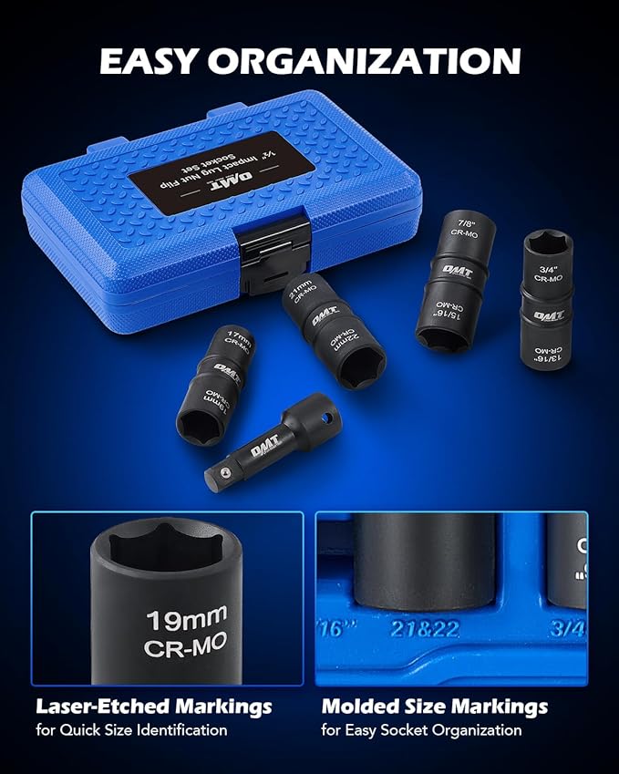 Orion Motor Tech Lug Nut Socket Set, 5pc 1/2" Drive Impact Flip Socket Set with Metric 17 19 21 22 mm & SAE 3/4 13/16 7/8 15/16 in. Sockets, Double Ended Thin Wall Nut Sockets with 3" Extension Bar