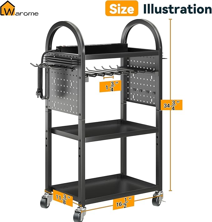 Warome Large Power Tool Organizer Cart with Charging Station, Rolling Utility Cart with 8-Outlet Movable Power Strip, Floor Standing Drill and Battery Holder,Tool Cart on Wheels for Garage Storage