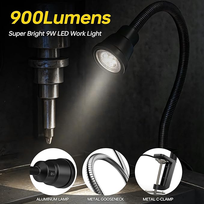 Clip Work Light, 9W Machine Clamp Lights, 900 Lumens Flexible Work Lamp for Lathe Milling Machine Drill Press, Aluminum Alloy Light Head (Clip Base)