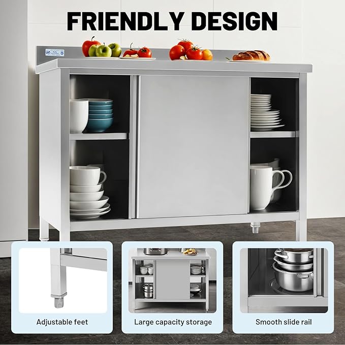 Hally Stainless Steel Cabinet, 24" x 60" NSF Commercial Heavy Duty Prep Workbench with Backsplash and Two Sliding Doors, Large Storage Cabinet, Metal Table for Kitchen, Restaurant, Garage