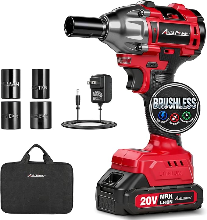 AVID POWER Impact Wrench, 1/2” Impact Gun Brushless Max Torque 332 Ft-lbs (450 N.m), 20V Cordless Impact Wrenches with 2.0 Ah Battery, 2 Variable Speeds, 4PCS Impact Sockets, Charger, Tool Bag