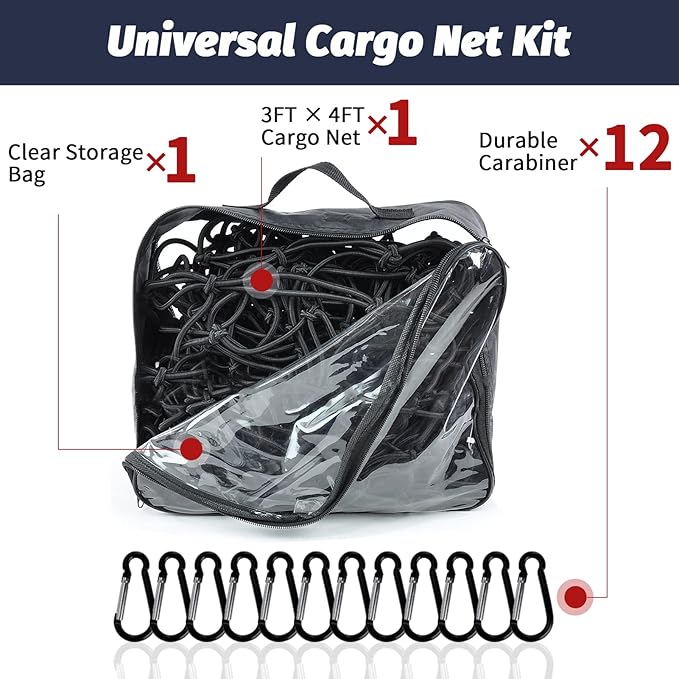 Cargo Net for Pickup Truck Bed 3'x4' Stretches to 6'x8' Heavy Duty Truck Bed Cargo Net 12 Tangle-Free Clip Carabiners and 1 Storage Bag Small 4" x 4" Mesh Universal Car Organizer Net for Large Loads