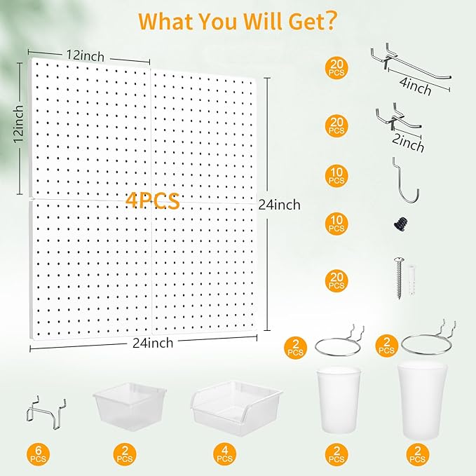 FZK Peg Board, 74PCS Metal Pegboard Wall Organizer Kit. Heavy Duty Pegboard, White Pegboard for Garage Craft Room Workbench Office Kitchen Tool Organization, 24 * 24