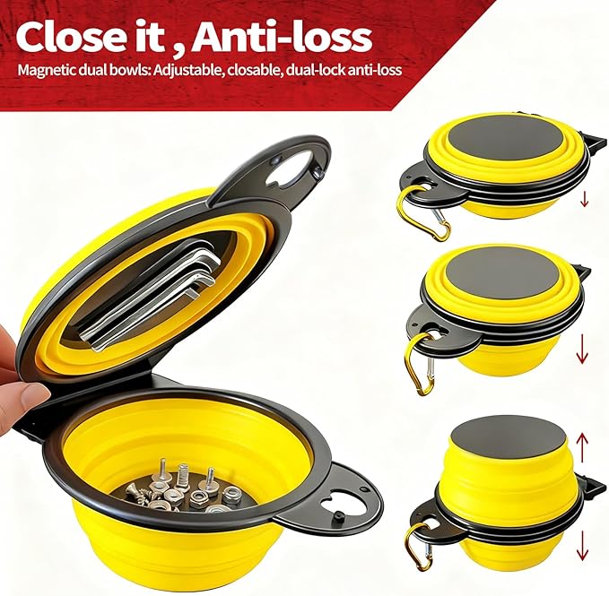 Collapsible Magnetic Parts Tray Set, New Upgraded Version Magnetic Trays, Integrated 5.1" Round Dual Silicone Bowls, Multi-Use Nuts And Bolts Organizer, Bonus Hook for On-the-Go Carry (yellow2.0)