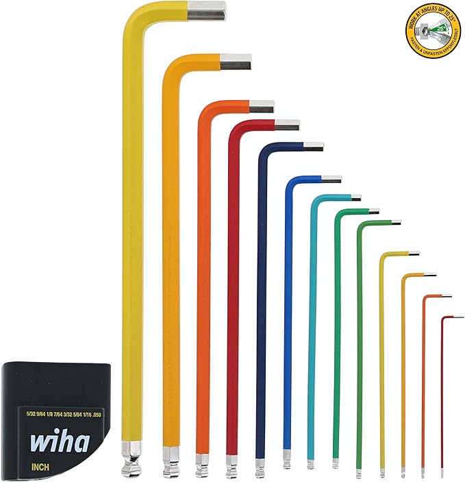 Wiha 66981 13-Piece Color Coded SAE Hex Key Allen Wrench Set, Ball End L-Key, .05"-3/8", Made in Germany