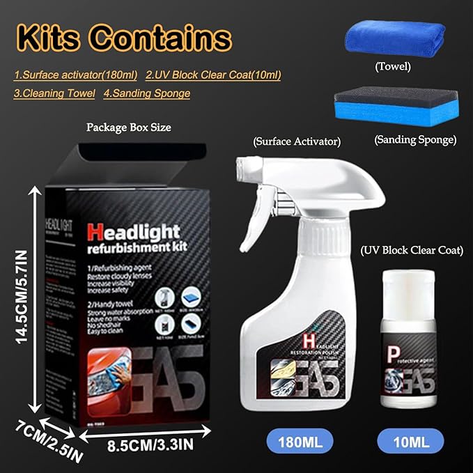 Headlight Restoration Kit with Ceramic Coating – Headlight Lens Cleaner to Remove Yellowing, Haze & Oxidation, Restore Headlight Clarity, Improve Night Visibility, Long-Lasting Protection-180ml