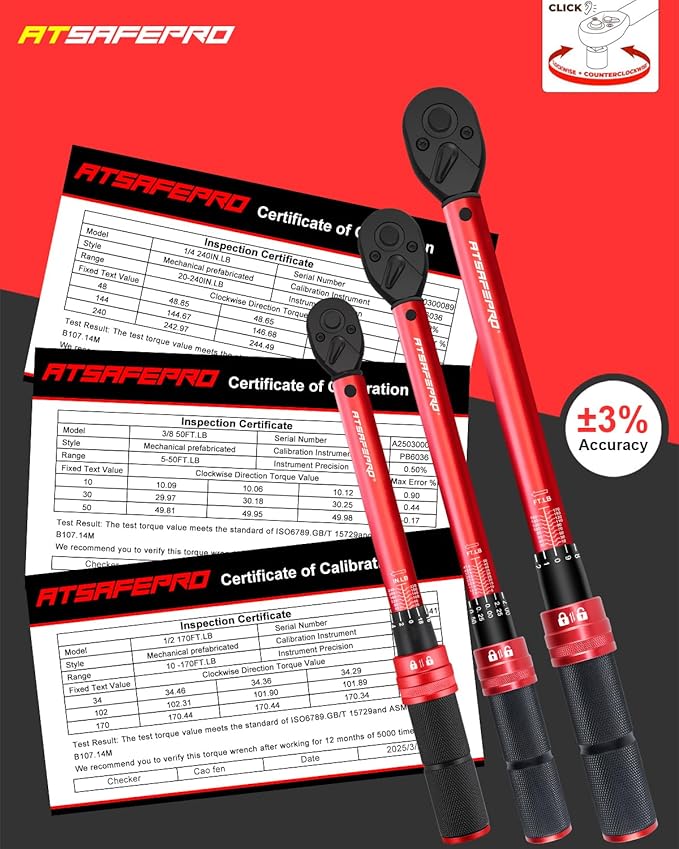 ATsafepro Torque Wrench Set-1/4 20–240 in-LB, 3/8" 5–50 ft-lb,1/2" 10–170 ft-lb with 3 Socket Adapters,±3% Accuracy, Dual Scale, 72-Tooth, Dual-Direction for Car, Bike, Motorcycle Repair Maintenance