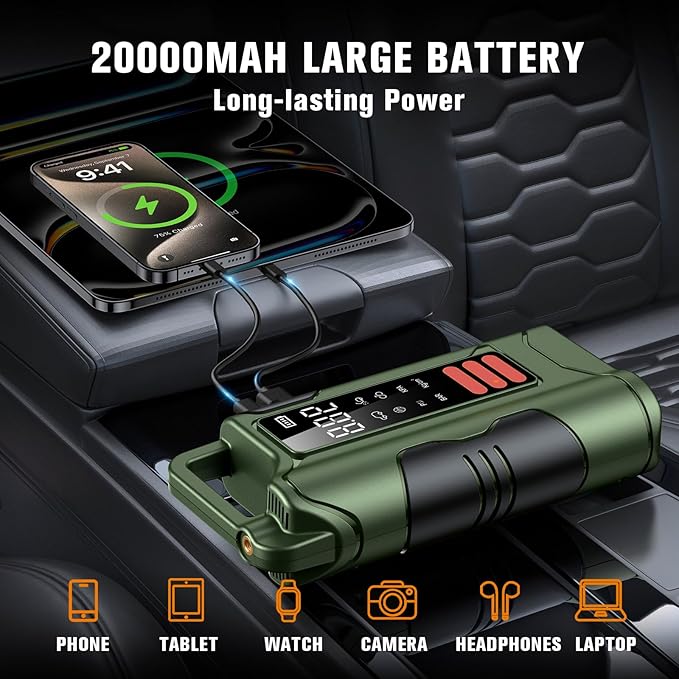Jump Starter with Air Compressor,5000A Car Battery Jumper Starter, 16000mAh Battery Jumper Starter Portable for 10L Gas/Diesel Engine with 160PSI Booster,LED Display & Light,Jumper Cables