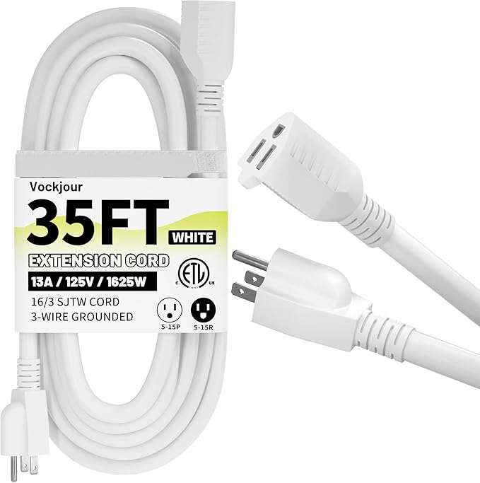 35 Ft 13A 1625W 16AWG White Indoor Outdoor Extension Cord Waterproof, Extension Cord with 3 Prong Grounded Plug, Flexible Weatherproof Power Cable, SJTW
