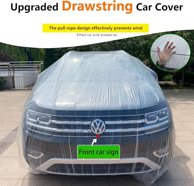 Car Essential Universal Disposable Clear Plastic Car Cover Suitable for SUV Sedan (Membrane Size：11.8ft x 21ft) with Elastic Band for Outdoor Snow Rain Weather，Individually Packaged, Super Convenient
