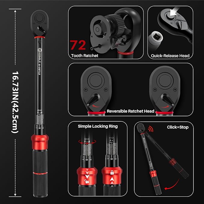 21Pcs Torque Wrench Set,1/2" Drive 10-170 Ft-Lb/13.6-230.5Nm,Inch Pound Click Torque Wrench,72T Dual Direction 3% Precision Adjustable Torque for Car Repair,Motorcycle,Lug Nut