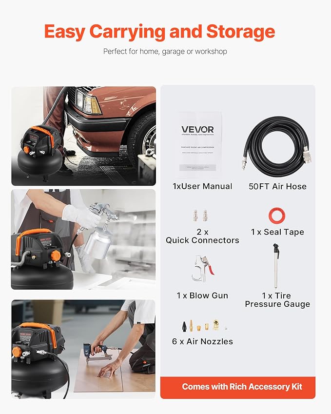 VEVOR 6 Gallon Air Compressor, 1.7HP 2.3CFM@90PSI Portable Pancake Air Compressor & 150PSI Max Pressure, 12-Piece Accessory Kit with 50FT Air Hose for Tire Inflation, Spray Painting, Woodwork Nailing