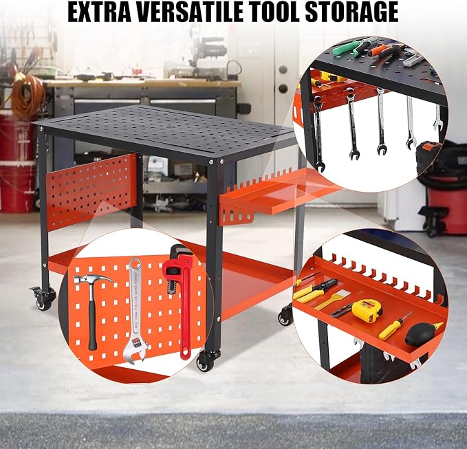 36x24 Steel Welding Table,1200 Lb Portable Welding Fixture Table for Shop,Rolling Welding Table with 5/8" Holes for Shop Garage (Orange, with Tool Tray)