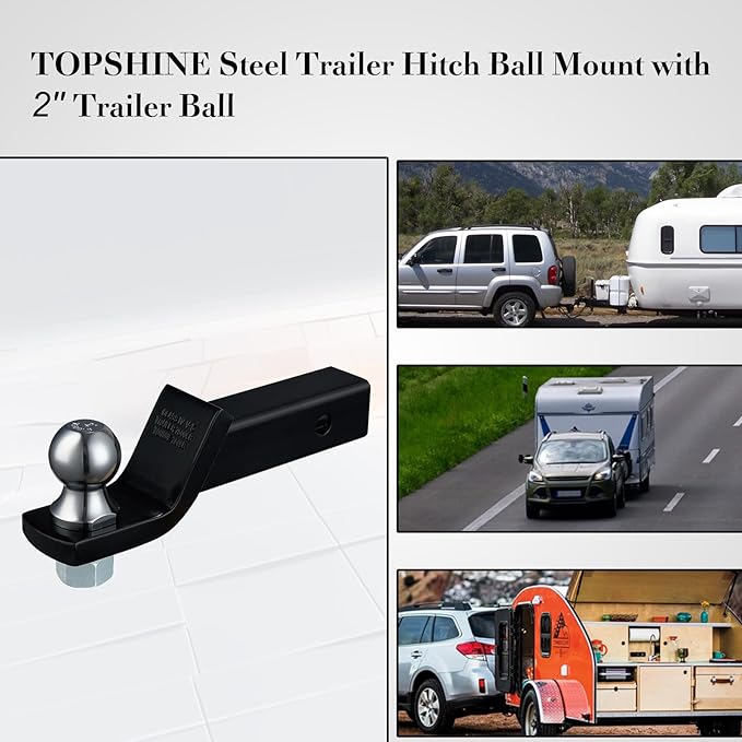 TOPSHINE Trailer Hitch Ball Mount with 2 in Ball & Hitch Pin, Heavy Duty Steel Fits 2 Inch Receiver, 7500lbs Capacity, 2-in Drop, 3pcs Hitch Receiver Silencer Pad Included, Black