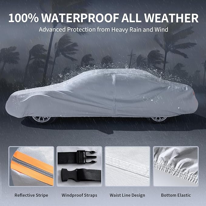 Multi-Layer Car Cover Custom Fit for Cadillac DeVille(1994-199), 100% Waterproof All Weather for Automobiles, Gift with Towel, Heavy Duty Car Covers for Rain Sun UV Protection with Door Zipper.