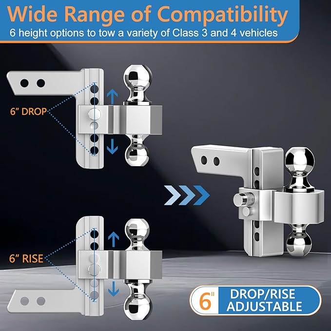 Tlvuvmo Adjustable Trailer Hitch for 2 Inch Receiver - 6 Inch Aluminum Drop Hitch, 12,500 LBS GTW Tow Hitch, 2" & 2-5/16" Chrome Plated Steel Ball Hitches for Truck, RV, Camper, Etc
