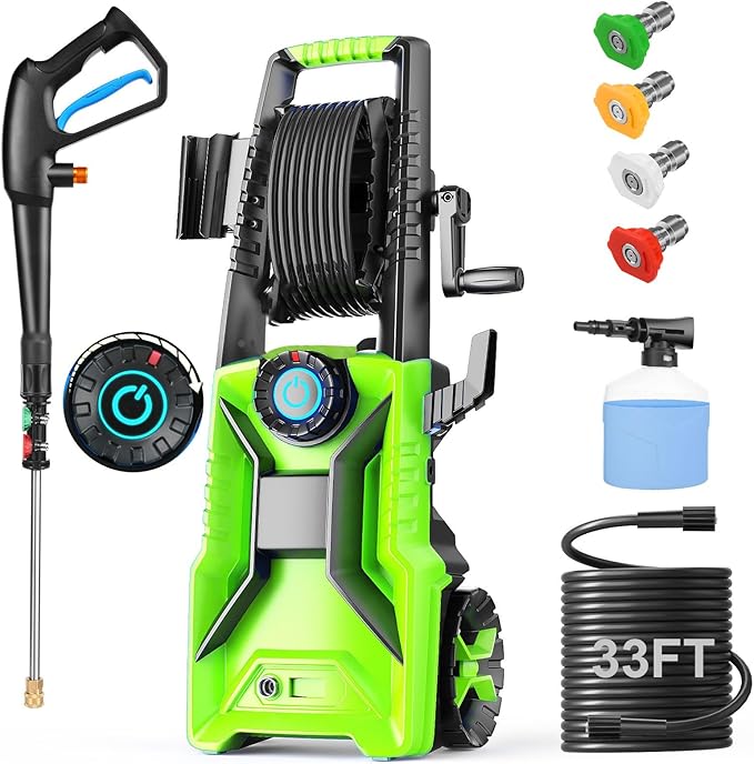 Electric Pressure Washer,5000 PSI 3.9GPM Adjustable Pressure,Power Washer Electric Powered with Foam Cannon,4 Nozzle,33FT Hose and Soap Bottle for Home/Cars/Fences (Green)