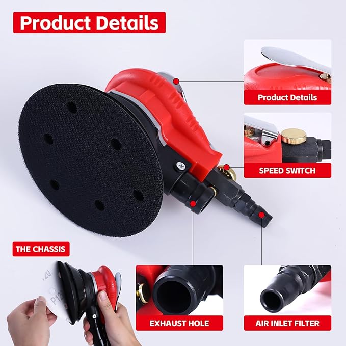 Autolock 5/6 Inches Air Random Orbital Sander,Pneumatic Palm Sander with Extra 5"&6" Backing Plate,Dual-action Sander, Air Orbital Palm Sander for Wood, Composites, Metal(1pcs）