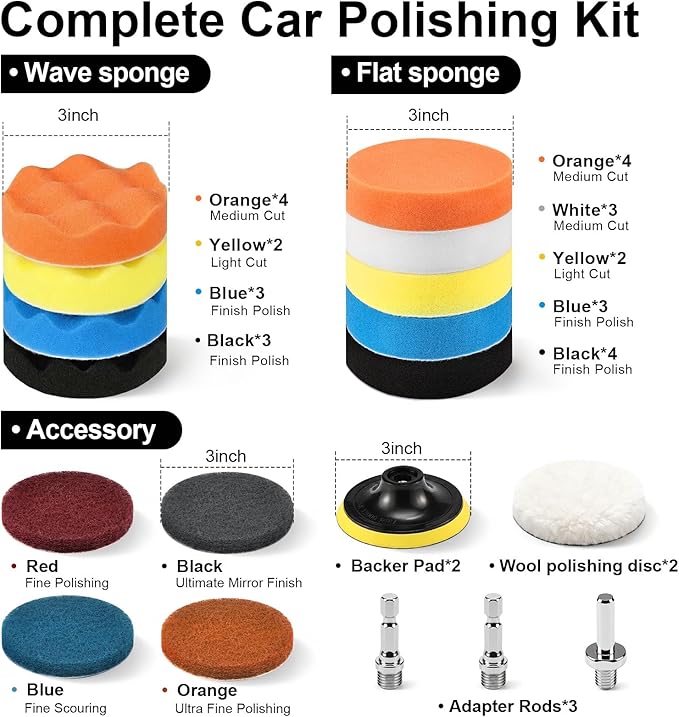GOH DODD 38 Pieces 3 Inch Buffing Polishing Pads, Car Foam Drill Polishing Pad Kit Sponge Pads Buffer Polisher Kit Headlight Restoration Kit with Wool Pads for Car Polishing, Waxing and Cleaning