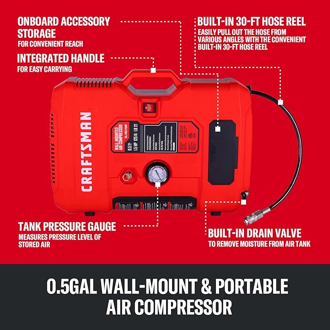 CRAFTSMAN Wall Mount Air Compressor With 7 PCS Accessory Kit, Tire Inflator Portable Air Compressor with Retractable 30ft Air Hose, Mini Tank 125 PSI MAX Pressure & 1.5 HP for Garage and Home