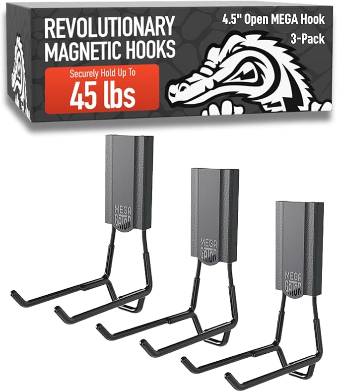 GATOR MAGNETICS MEGA 4.5 in Open Hooks, 45 lb Heavy Duty Magnetic Hooks for Steel Surfaces, Patented Easy-Release, Non-Slip Grip – Storage & Organization, Garage, Home Tools & Gear Storage – 3 Pack