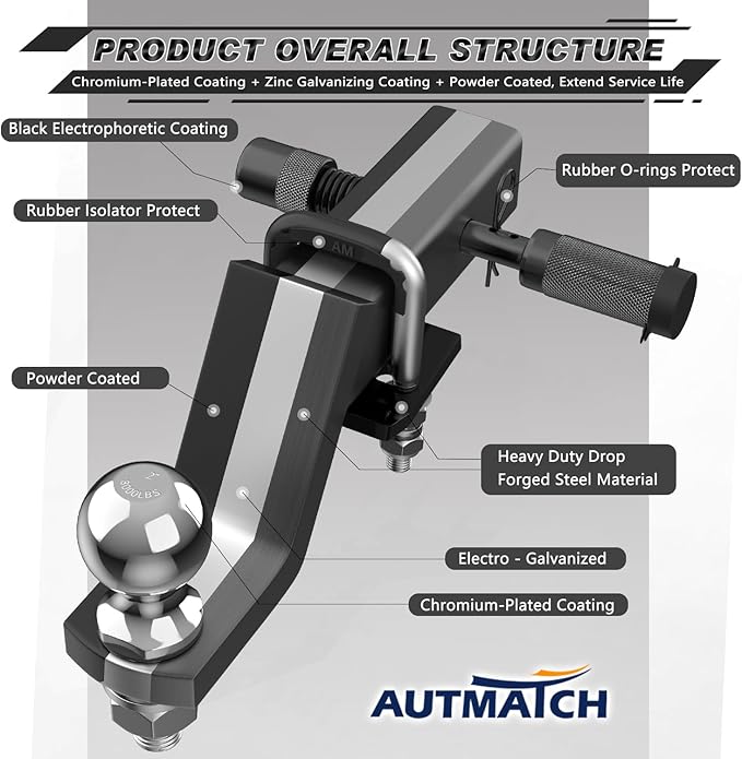 AUTMATCH Trailer Hitch Ball Mount with 2 Inch Hitch Ball - Fits 2" Receiver with Hitch Tightener, 8000Lbs Capacity Ball Hitch, 4-Inch Drop with 5/8" Hitch Lock Pin, Black