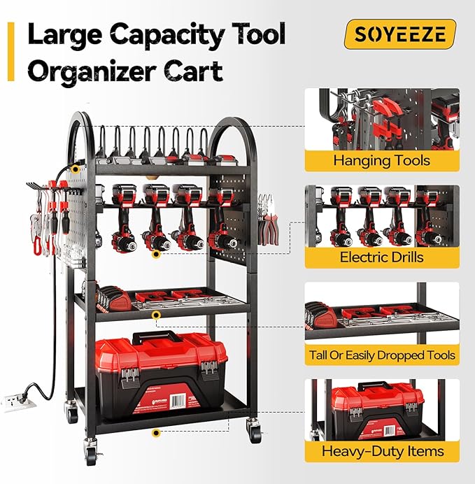 SOYEEZE Storage Cart on Wheels with 8 Outlet Power Strip, Rolling Utility Cart for Garage Organization, Power Tool Organizer with Charging Station, Tool Organizer Cart for Electric Drill/Toolbox