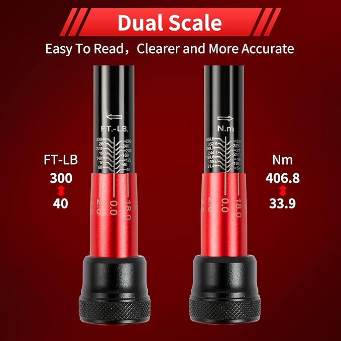 1/2-Inch Drive Click Torque Wrench, Dual-direction 40-300ft.lb/33.9-406.8Nm, 72-tooth Torque Wrench with Dual Range Scales, ±3% High Precision