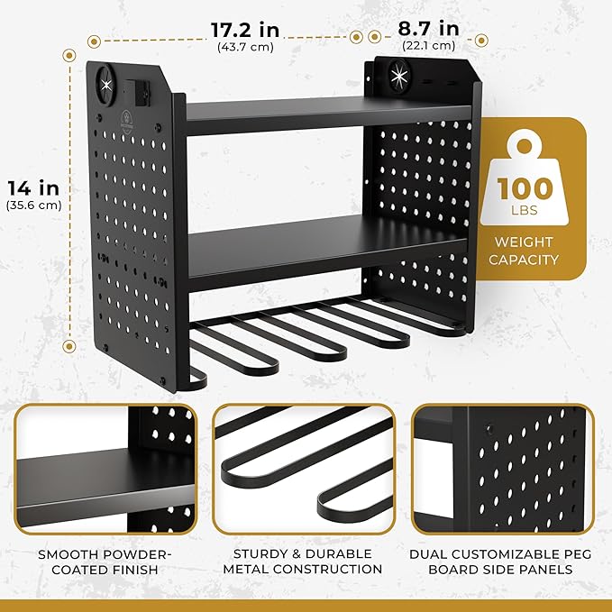 BUILTSTRONG Power Tool Organizer-6 Drill Holder Wall Mount, 3 Tier Heavy-Duty Hand Tool Storage Rack, Utility Racks, Drill Holder, 2 Pegboard Sides - Garage Storage Cordless Tool Organizer (Black)